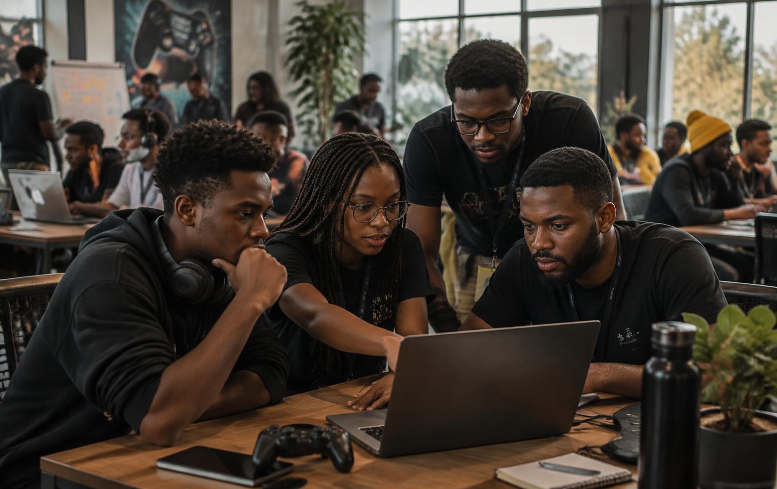 Développeurs réunis autour d'un ordinateur portable lors d'une game jam